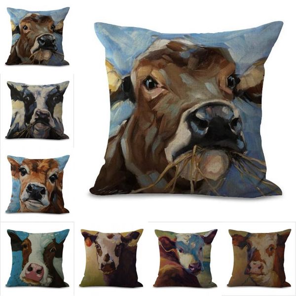 45cm 45cm Paiting Farm Animals Cow Linen Cotton Throw Pillow