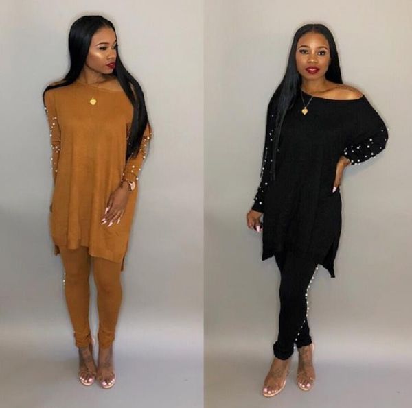 

womens designer tracksuits pearl decoration 2 pieces pants casual solid color long sleeved crew neck suits fashion womens tracksuits, White