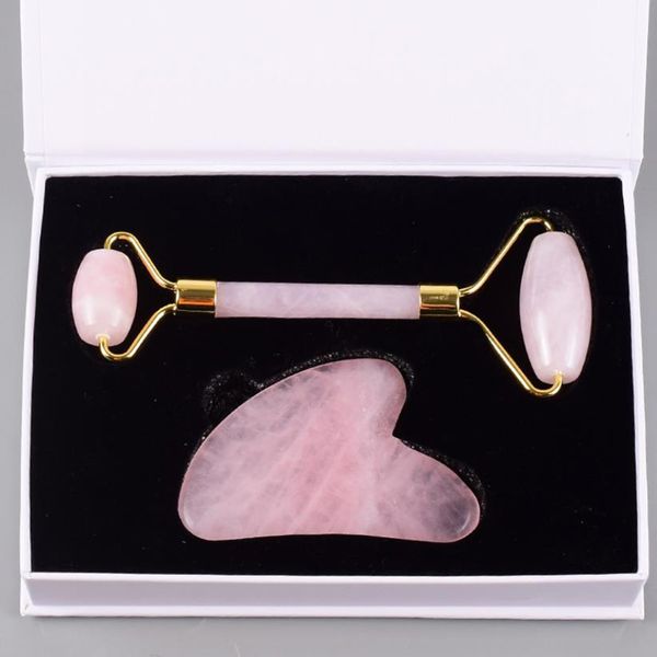 Jade Roller e Gua Sha Situato in Roller Gift Box fronte di cristallo di quarzo rosa naturale Obsidian Roller viso Gua Sha di massaggio dell'attrezzo Massager del fronte