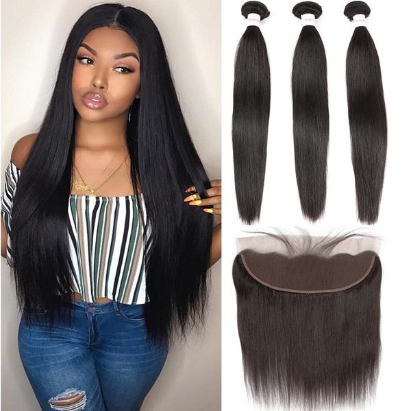 

straight human hair 3 bundles with frontal closure malaysian hair pre plucked lace frontal closure with bundles, Black