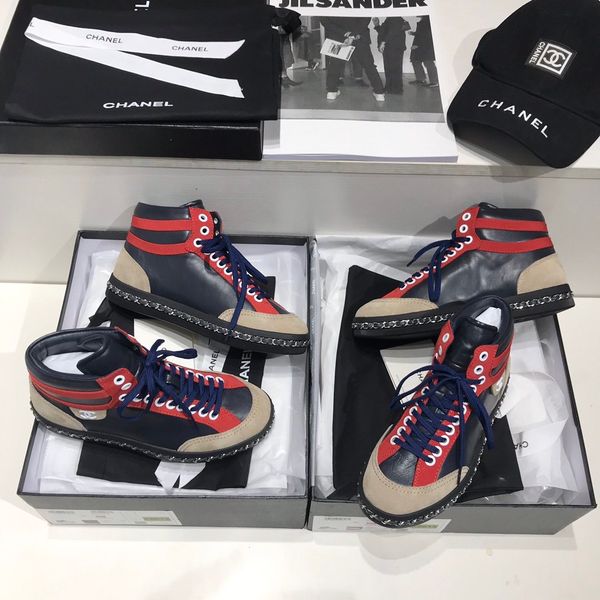 

fashion trend luxury designer chanl new fashion classic retro shoes color matching high-lace-up flat sneakers chain women's shoes 35-40, Black