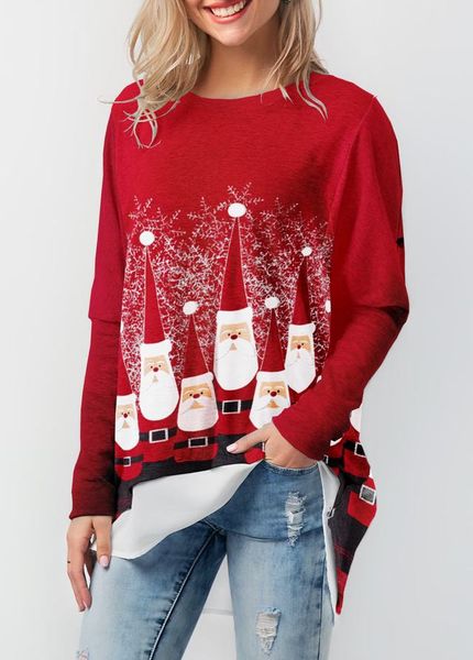

festival styel casual apparel womens autumn desinger christmas tshirts crew neck long sleeve santa claus print female clothing, White