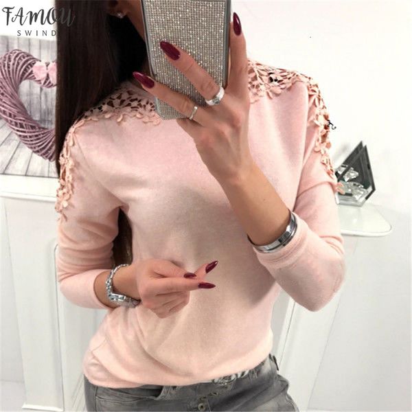 

fashion women casual summer lace elegant hollow out long sleeve t shirt ladies loose shirt femme dames female tshirt, White