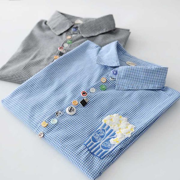 

cartoon popcorn embroidery plaid colorful cute buttons long sleeve blouse cotton shirt, White