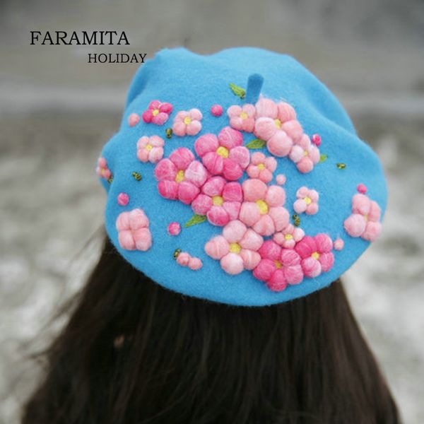 

faramita holiday flowers colorful pink plants women hand-made spring berets girls kids boys beret hats caps wool felt 3d floral, Blue;gray