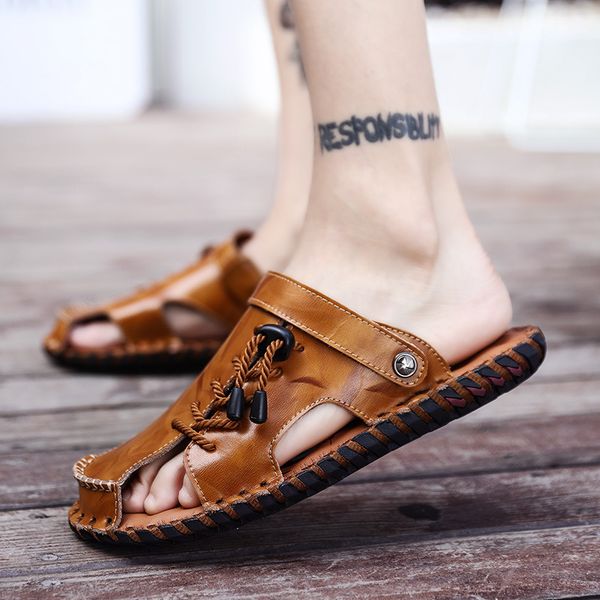 

summer handmade sandals genuine leather slip-on sandals hollow out leather men's korean-style breathable beach shoe men, Black