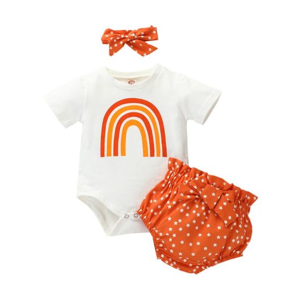 

2020 baby summer clothing newborn infant baby girls rainbow printed romper + stars short pant + bowknot headband sets, White
