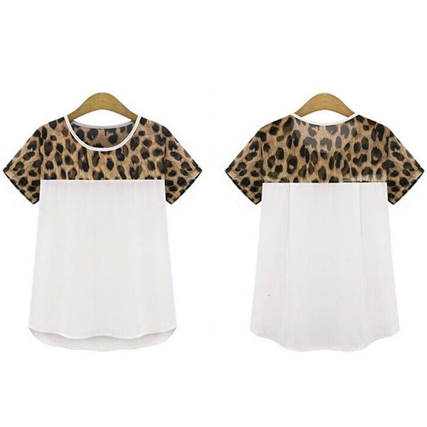 

t shirt women womens clothing fashion new women summer leopard print patchwork cute chiffon t shirt short sleeve casual tee, White