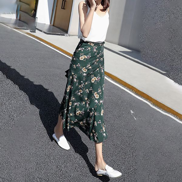 

2019 autumn new women skirt floral print skirt fashion ladys beach mid-calf high waist slim printing casual style#y3, Black