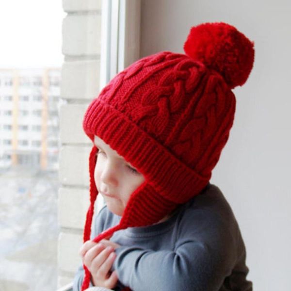 

winter children pompom knitted beanie crochet hat thick warm braid earflap cap, Yellow