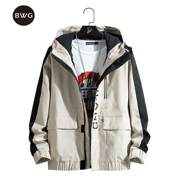 

bwg 2019 autum streetwear patchwork cargo jacket multi-pocket zipper jacket casual coats outdoors hiphop outerwear m-5xl, Black;brown