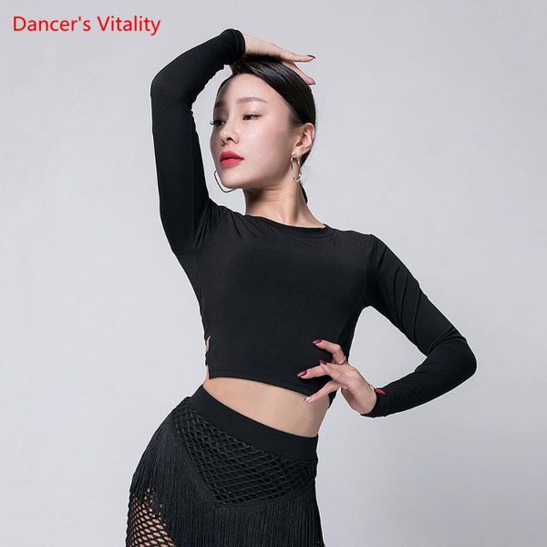 

latin dance profession practice clothes female autumn and winter long sleeve performance training clothing, Black;red