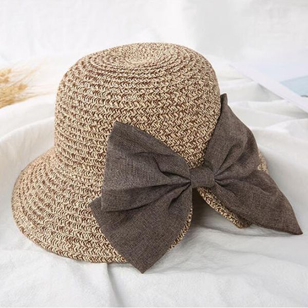 

children's sun hat big bow wide brim floppy summer hats for kids beach panama straw bucket hat sun protection visor femme cap, Yellow