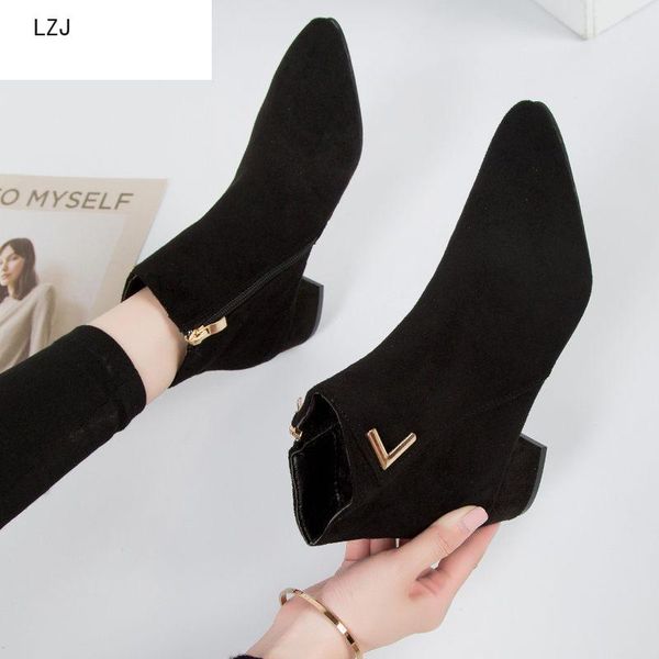 

lzj fashion women boots casual leather low high heels spring shoes woman pointed toe rubber ankle boots black red zapatos mujer