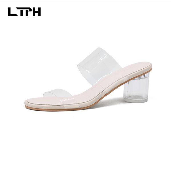 

2020 summer new fairy style ins tide word slippers wear crystal transparent high heels fairy style thick heel sandals female, Black