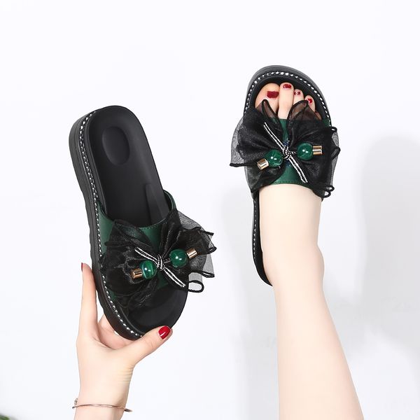 

shoes med flock ladies' slippers slipers women platform slides butterfly-knot flower 2020 summer flat soft, Black