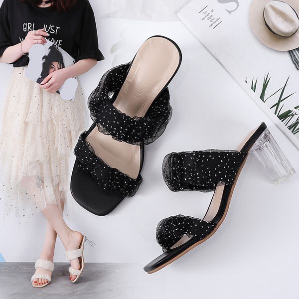 

shoes woman 2020 slippers casual women heels glitter slides square heel soft high jelly block fashion fabric pu rubber, Black