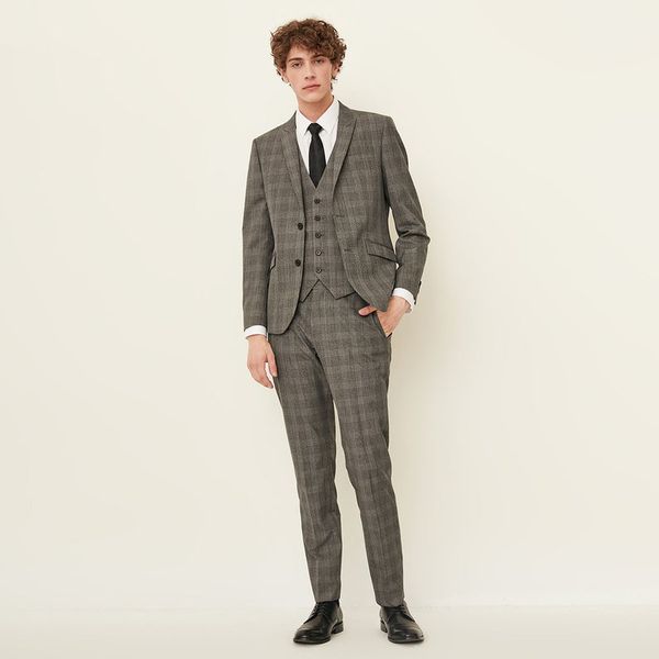 

popular two button groomsmen notched lapel groom tuxedos plaid men suits wedding prom man blazer(jacket+vest+pants), Black;gray