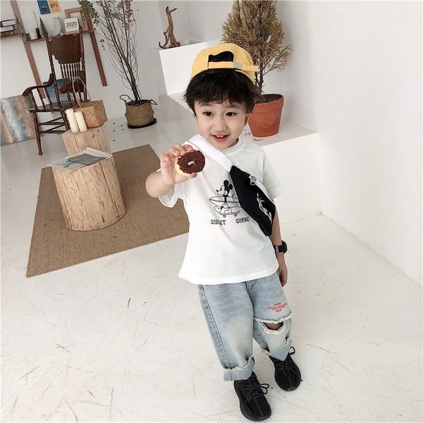 

children's 2020 summer ctx hole washed white jeans and jeans printed denim pants tide, Blue