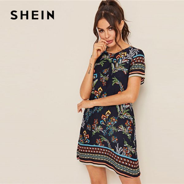 

shein mixed print keyhole back tunic summer dress women 2019 short sleeve round neck boho dress straight loose mini dresses, Black;gray