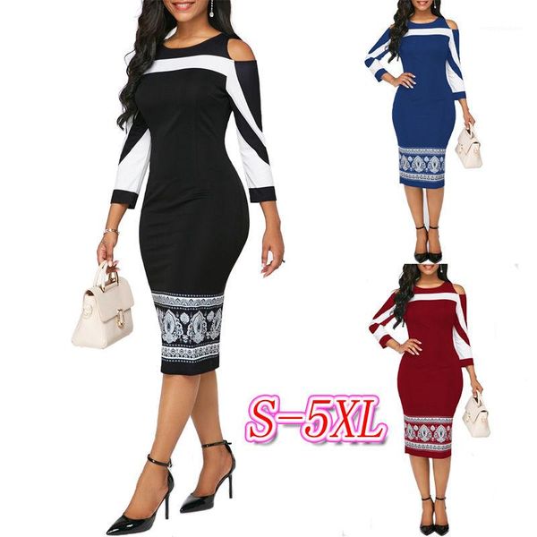 

designer dress contrast color print womens pencil dresses fashion style womens crew neck dress plus size womens, Black;gray