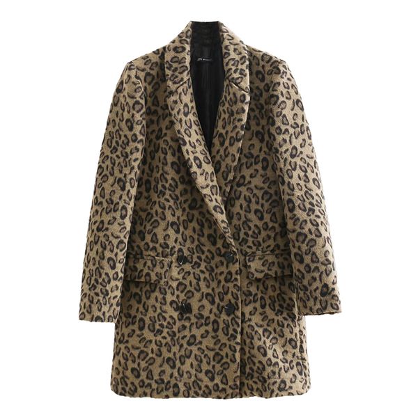 

2020 spring autumn long fund leopard print printing long sleeve both row buckle woolen loose coat fahison tide v432, Black