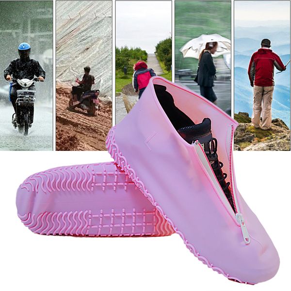 

1 pair outdoor shoe cover elastic silicone accessories non slip portable waterproof reusable zipper rain boots foot wear travel, White;pink