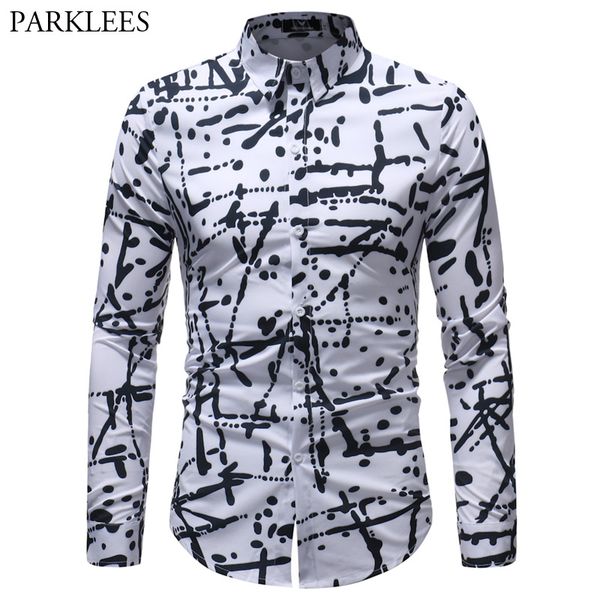 

black white graffiti print shirt men 2018 fashion casual button down dress shirts mens long sleeve social shirt camisa hombre, White;black