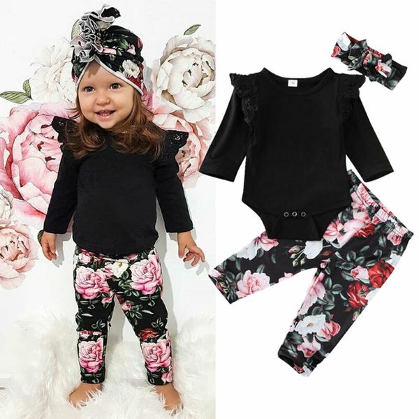 

toddler baby girl clothes long sleevet romper pants headband outfit 3pcs baby clothing, Pink;blue