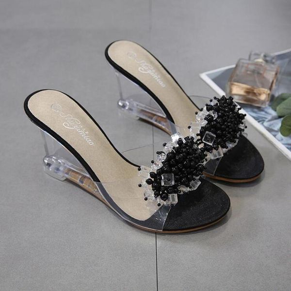 

dwayne summer new wedges sandals women crystal transparent high heels glass slippers string bead pvc slippers fashion shoes, Black