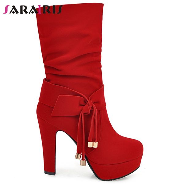 

sarairis big size 33-43 new fashion female bowtie pleated platform party boots office boots women high heels shoes woman, Black