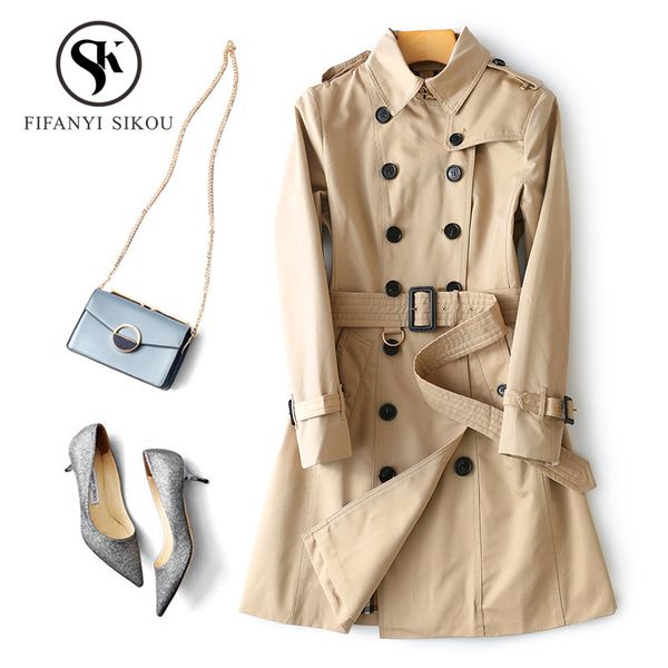 

fashion classic khaki trench coat women 2019 spring autumn double breasted belt mid-long coat ladies casual business outerwear, Tan;black