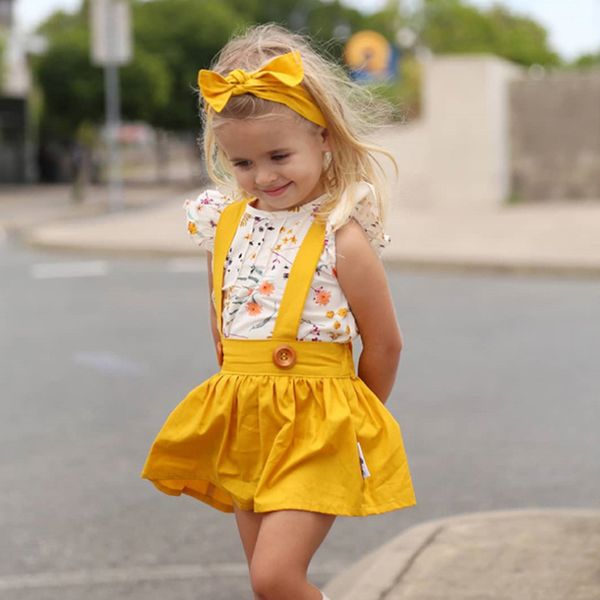 

2019 new cute girl dress summer baby girl clothes sets new fashion strap dress+t-shirt+ hairband kids 3pcs/set infant clothes, Red;yellow