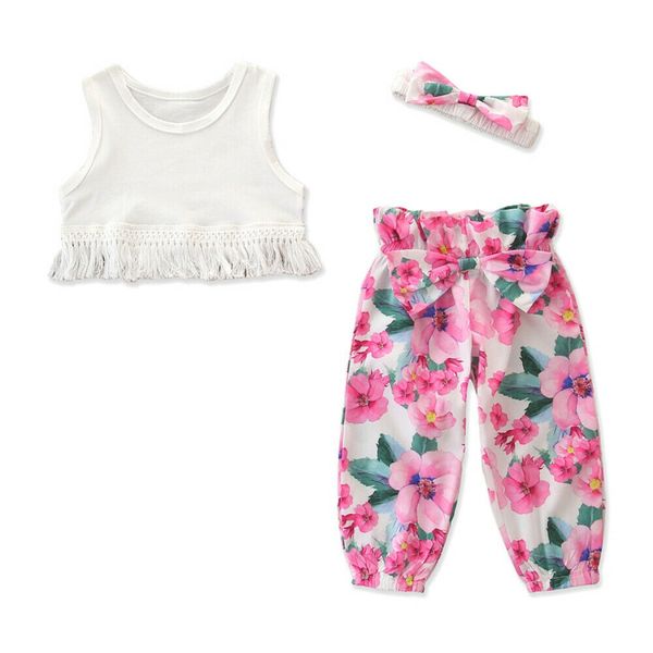 

focusnorm kids baby girls clothes summer clothes 3pcs vest t-shirt floral bowknot pants headband adorable outfits set 3-7years, White