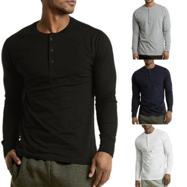 

new mens t-shirts long sleeve cotton slim fit tee soft casual button autumn spring t-shirts s-2xl, White;black