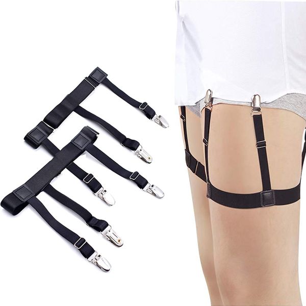

mens shirt stays garters elastic adjustable leg suspenders shirt holders straps belt non-slip locking clamps 2pcs black, Black;white