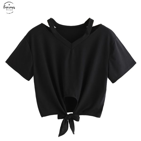 

v neck womens short sleeve t shirt fashion casual cut out bow knot t shirt solid color tie camiseta mujer, White