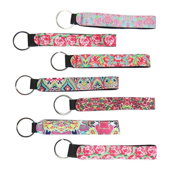 

floral printing key chain neoprene rectangle keychains long strip leopard lanyard key ring sunflower eco friendly keychain pendant 10 colors, Red;brown
