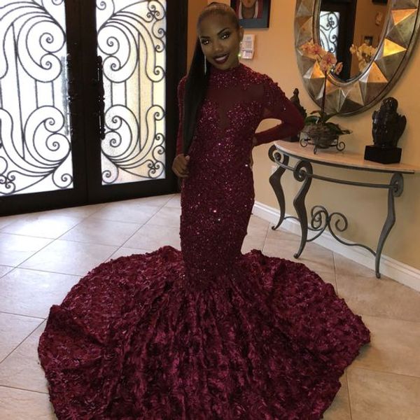 

burgundy lace mermaid prom formal dresses 2019 high neck long sleeve 3d floral rose train black girls party occasion evening gown