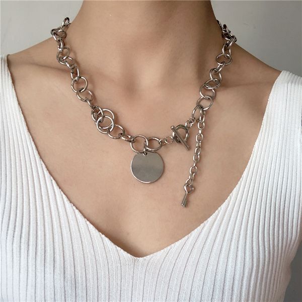 

vintage round pendant necklace metal choker key circle chain for women hip hop jewelry mujer colar harajuku gift, Silver