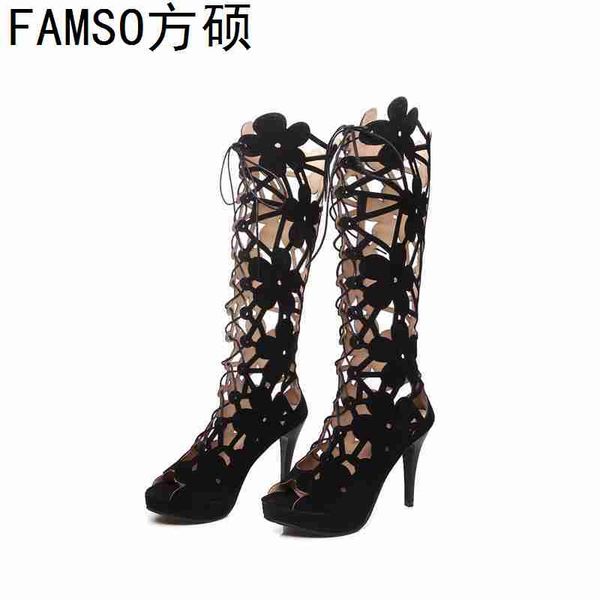 

famso 2019 new fashion women boots black white summer knee high sandals lace-up flowers summer peep toe boots