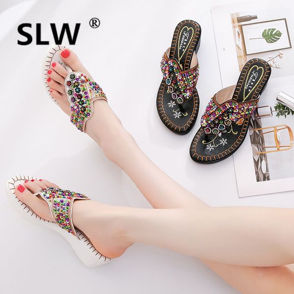 

colorful crystal bohemia flip flops female ethnic style clip toe slides summer wedges beach shoes woman slip on shoes 2019, Black