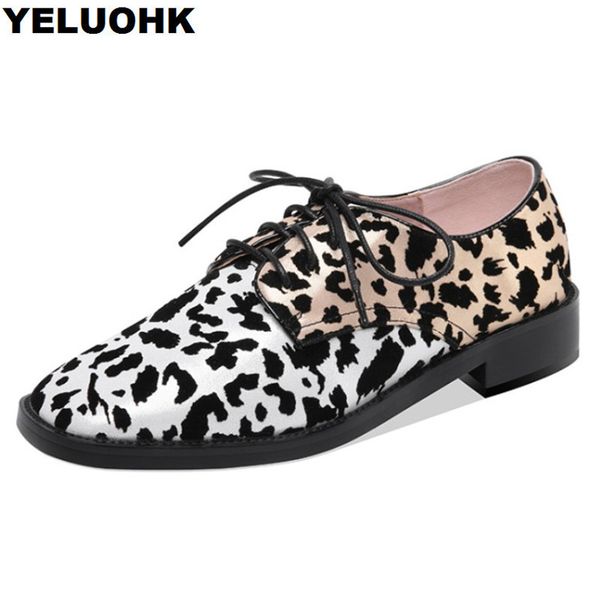 

brand leopard oxford shoes for women square toe genuine leather shoes woman spring autumn ladies flat high quality, Black