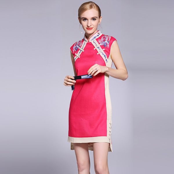 

chinese style new costume embroidery irregular sleeveless cheongsam retro cultivate one's morality splicing cotton dress, Red