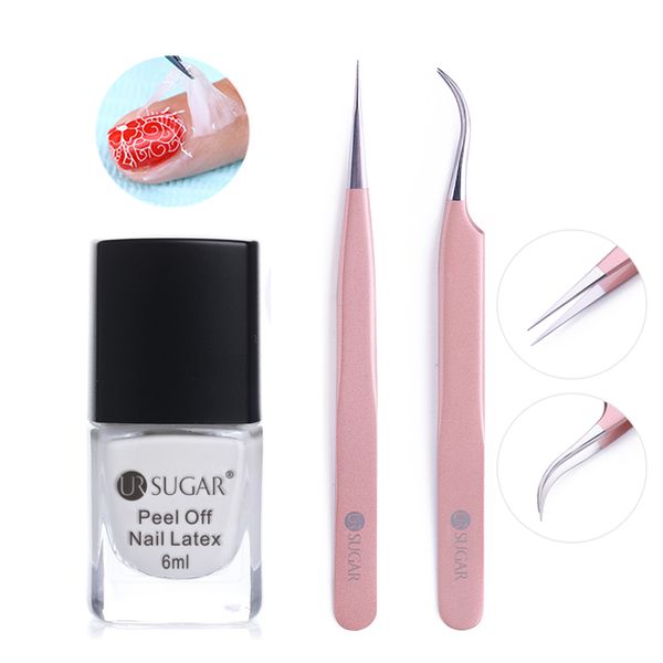 

ur sugar peel off nail latex tape nail polish glue with rose gold straight curved tweezer for stamping tools