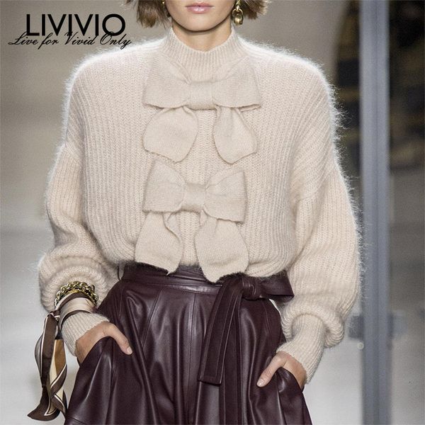 

livivio] zim patchwork bow pullovers knitting lantern long sleeve waisted sweaters women pink knitwear 2019 autumn fashion, White;black