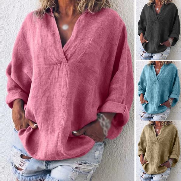 

ladies v-neck blouse beach party plus size long sleeves solid summer shirts, White