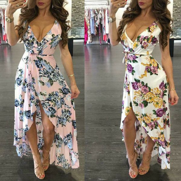

boho summer dress women sleeveless printing floral v neck long maxi dresses evening party beach sundress, Black;gray