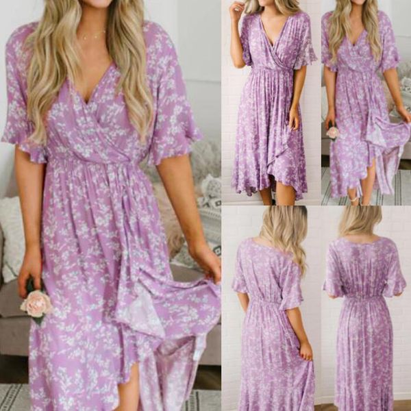 

fashion elegant womens casual short sleeve bohemia print v neck high waist national style dress vestidos verano 2019, Black;gray