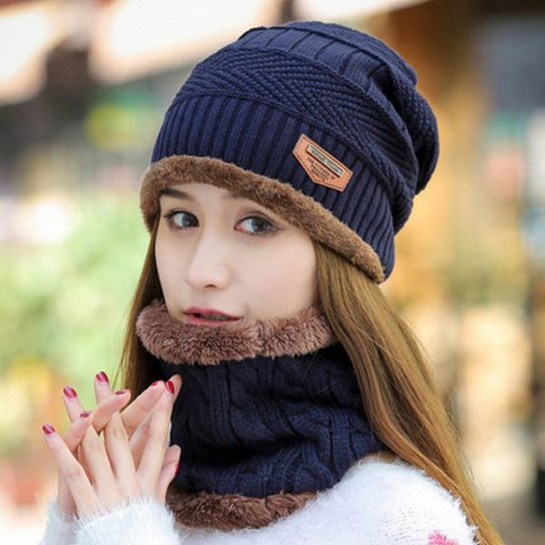 

fashion men women winter warm knit baggy beanie hat ski cap scarf set hat neckerchief beanie, Blue;gray